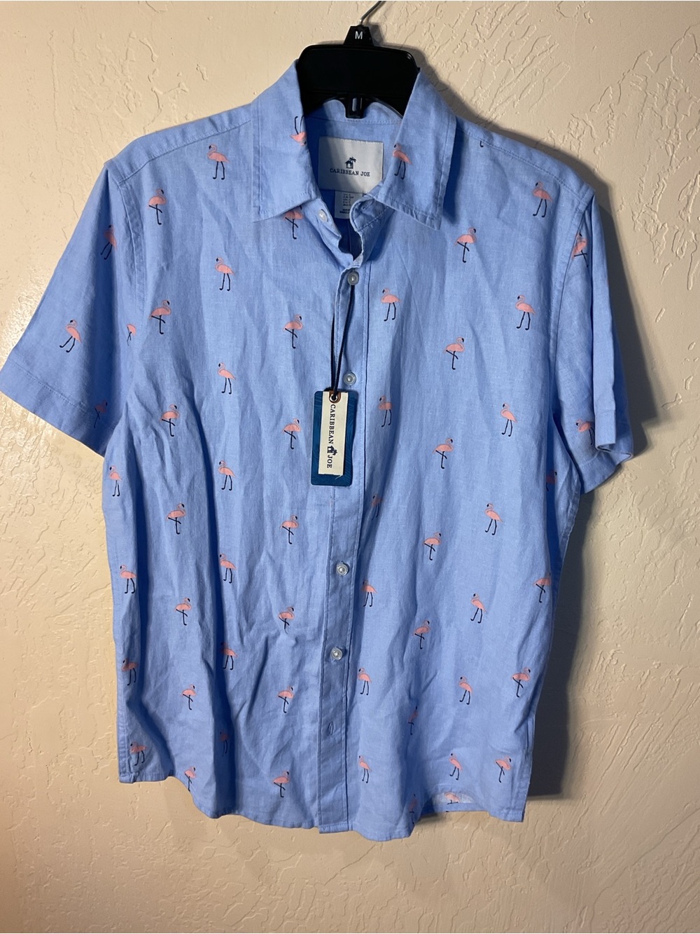 Caribbean Joe Light Blue Short Sleeve Button-Down with Pink Flamingo Print